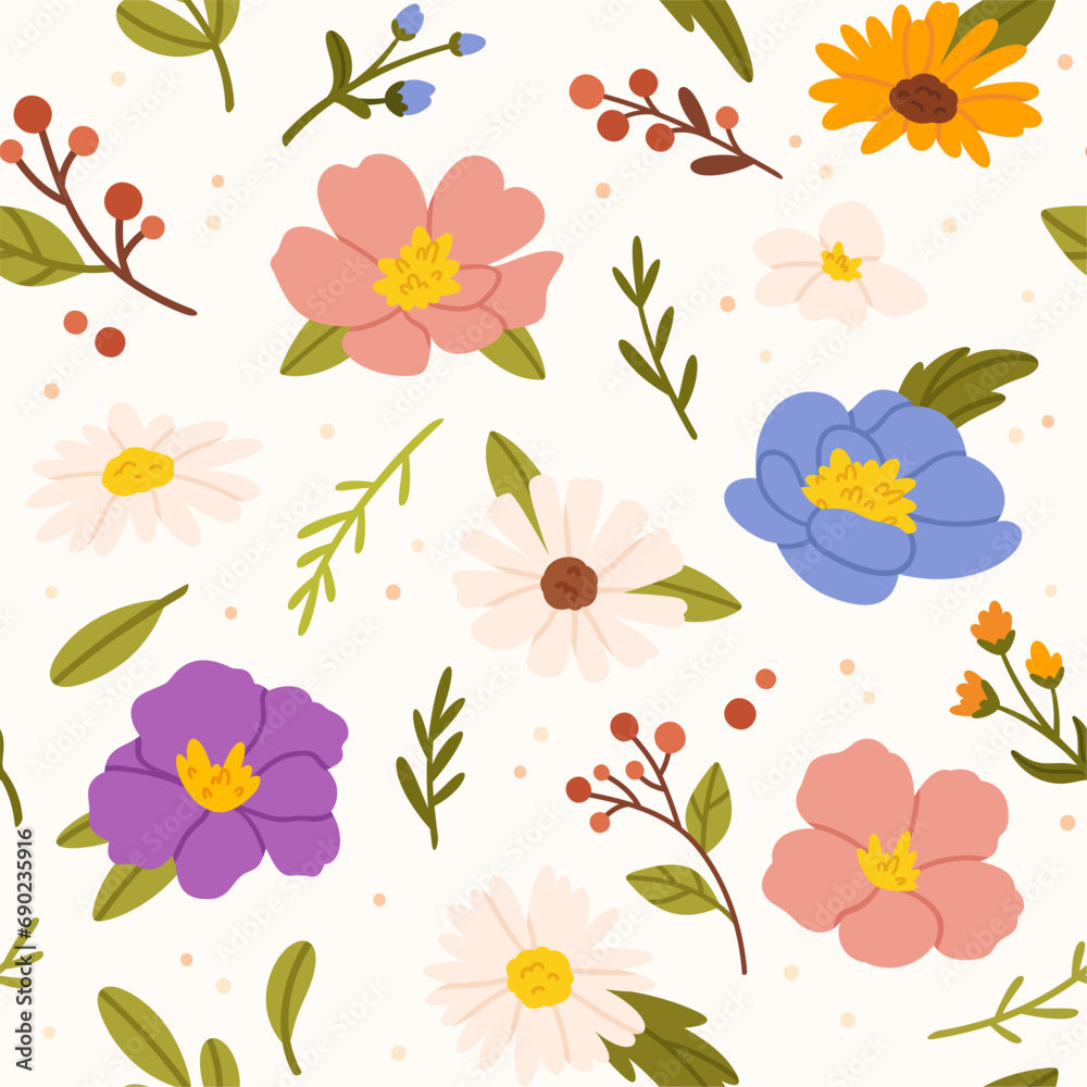Spring flower seamless pattern. Cute wildflowers and yellow, red and blue daisy and chamomile summer flowers with greenery. Vector wallpaper and wrapping floral texture