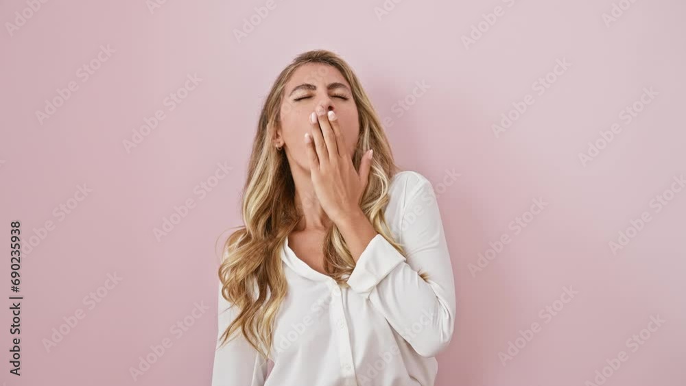 Sleepy young blonde woman yawning and stretching tired back, relaxing in pink morning glow, standing over isolated background, donning shirt Sleepy young blonde woman yawning and stretching tired back, relaxing in pink morning glow, standing over isolated background, donning shirt