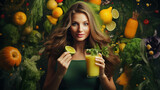 Beautiful young woman with flying vegetables. Healthy food and lifestyle concept