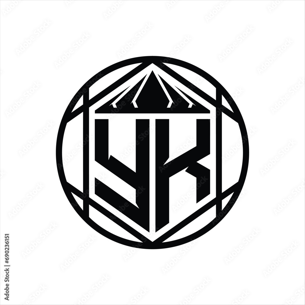 YK Letter Logo monogram hexagon slice crown sharp shield shape isolated circle abstract style design YK Letter Logo monogram hexagon slice crown sharp shield shape isolated circle abstract style design