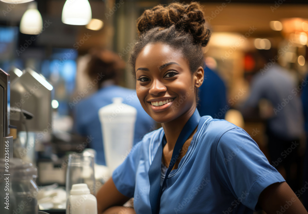 Fototapeta premium Happy woman, cashier and portrait with smile for management, small business or restaurant. Positive, confident and proud for retail, grocery store and service industry with coffee machine and counter