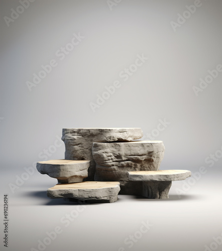 Abstract stone podium and product pedestal, grey natural materials	
