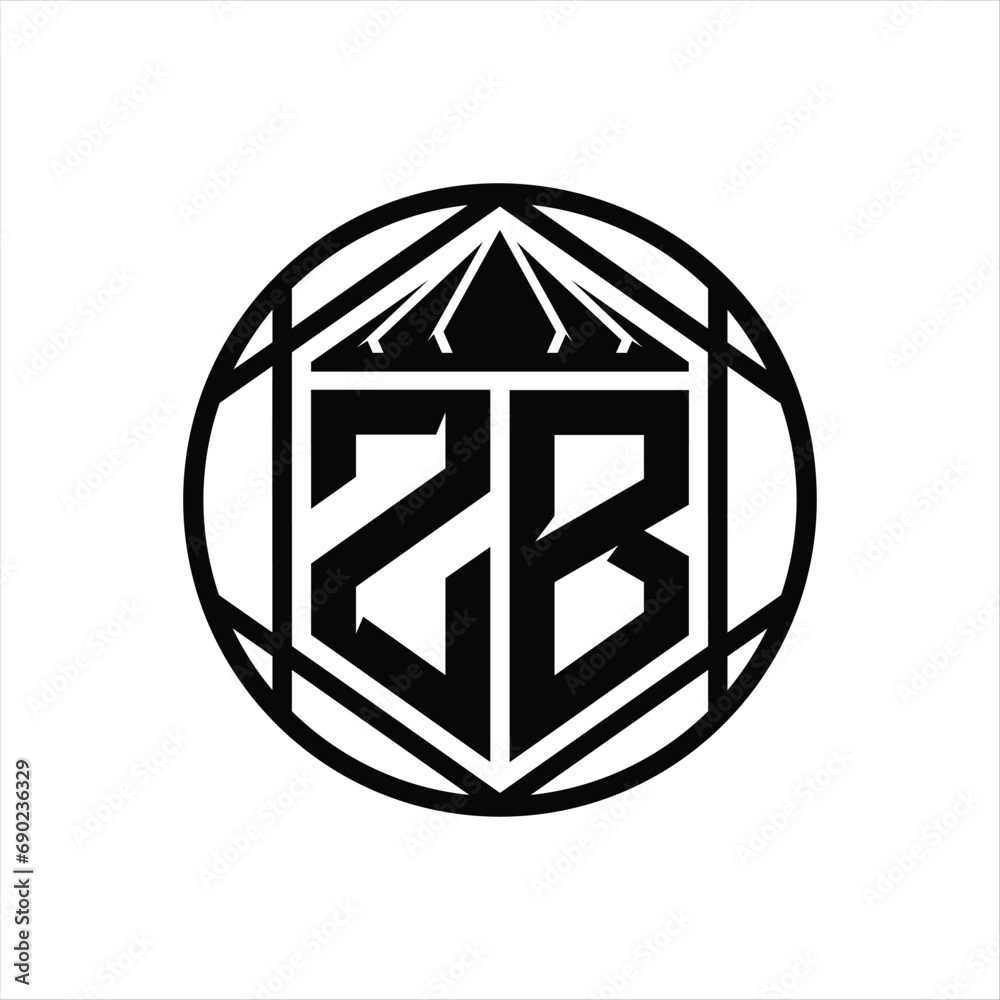 ZB Letter Logo monogram hexagon slice crown sharp shield shape isolated circle abstract style design