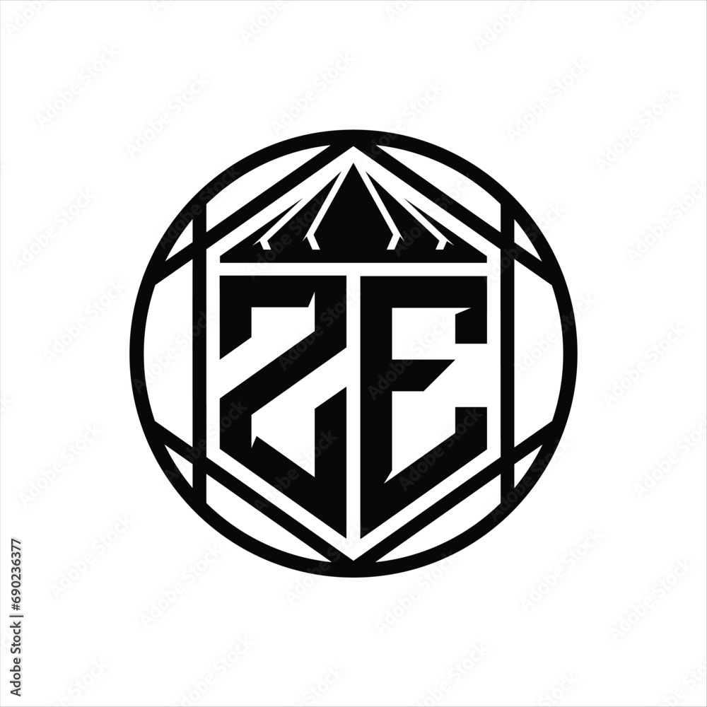 ZE Letter Logo monogram hexagon slice crown sharp shield shape isolated circle abstract style design ZE Letter Logo monogram hexagon slice crown sharp shield shape isolated circle abstract style design