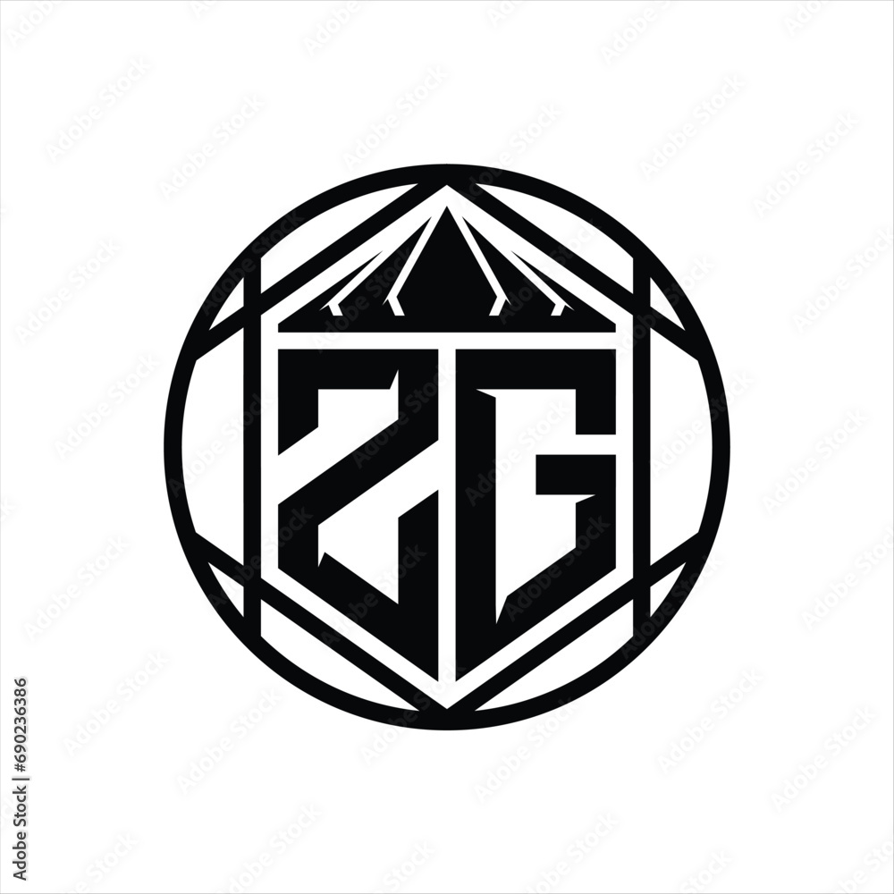 ZG Letter Logo monogram hexagon slice crown sharp shield shape isolated circle abstract style design ZG Letter Logo monogram hexagon slice crown sharp shield shape isolated circle abstract style design