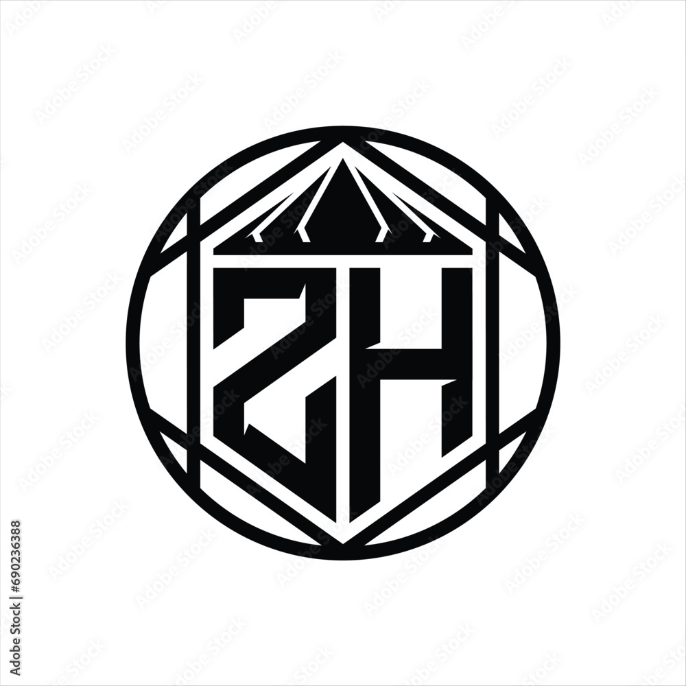 ZH Letter Logo monogram hexagon slice crown sharp shield shape isolated circle abstract style design