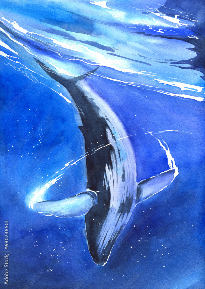 Watercolor illustration of a beautiful whale swimming in the bright ...
