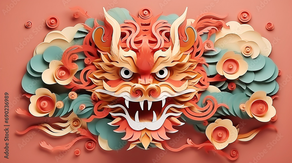 Chinese dragon in paper cut style. New Year of the Dragon 2024