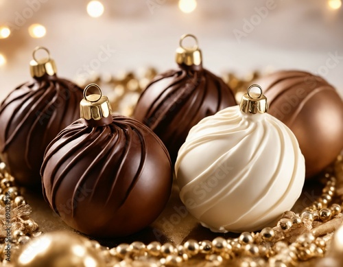 Dark and white chocolate Christmas baubles with golden decorations