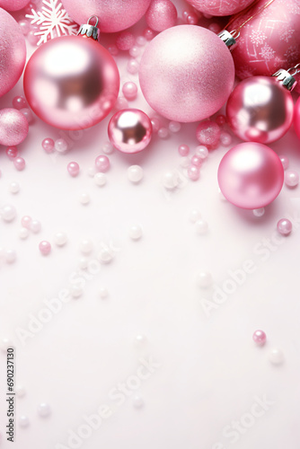 Christmas background with pink balls and snowflakes. Copy space.