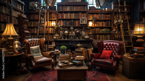 a cozy library or study with two armchairs, a coffee table. The library is filled with bookshelves, books, and other objects. The bookshelves are wooden and have different sizes and shapes.