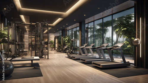 Fotografia a modern gym with exercise equipment and large windows