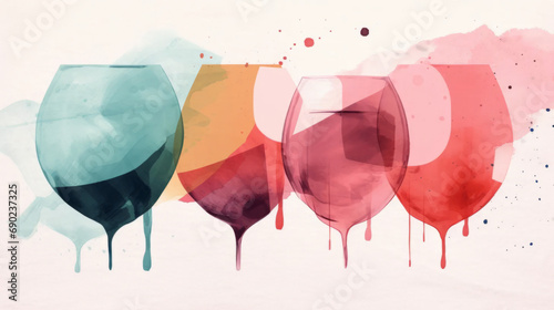 Wine glass. Wine minimalistic illustrations. Wine Bottle and glass. Bright colors. Watercolor style photo