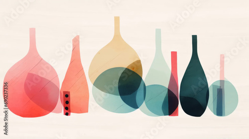 Wine bottles. Wine minimalistic illustrations. Wine Bottle and glass. Bright colors. Watercolor style