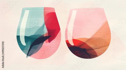 Wine glass. Wine minimalistic illustrations. Wine Bottle and glass. Bright colors. Watercolor style