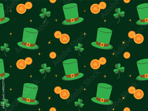 Seamless pattern for St. Patrick's Day on green background, Irish background, green clover and shamrock, spring.