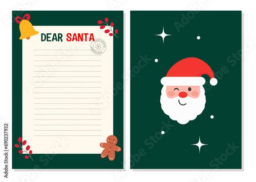 Dear Santa Christmas blank letter. Greeting card and wishlist with a stamp. Colorful Santa with holiday elements. Vector illustration.