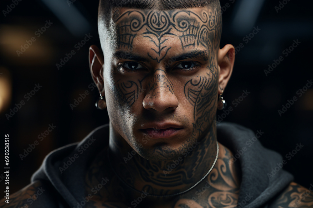 Brutal appearance man all body covered with tattoo dangerous type Generative IA picture portrait