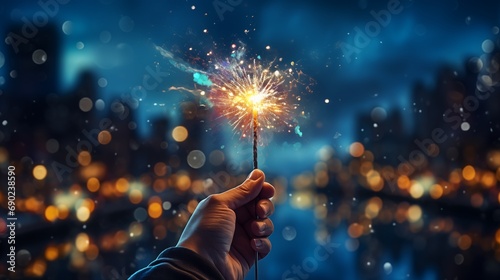 Hand holding a burning sparkler against fireworks background night New Year christmas party  photo