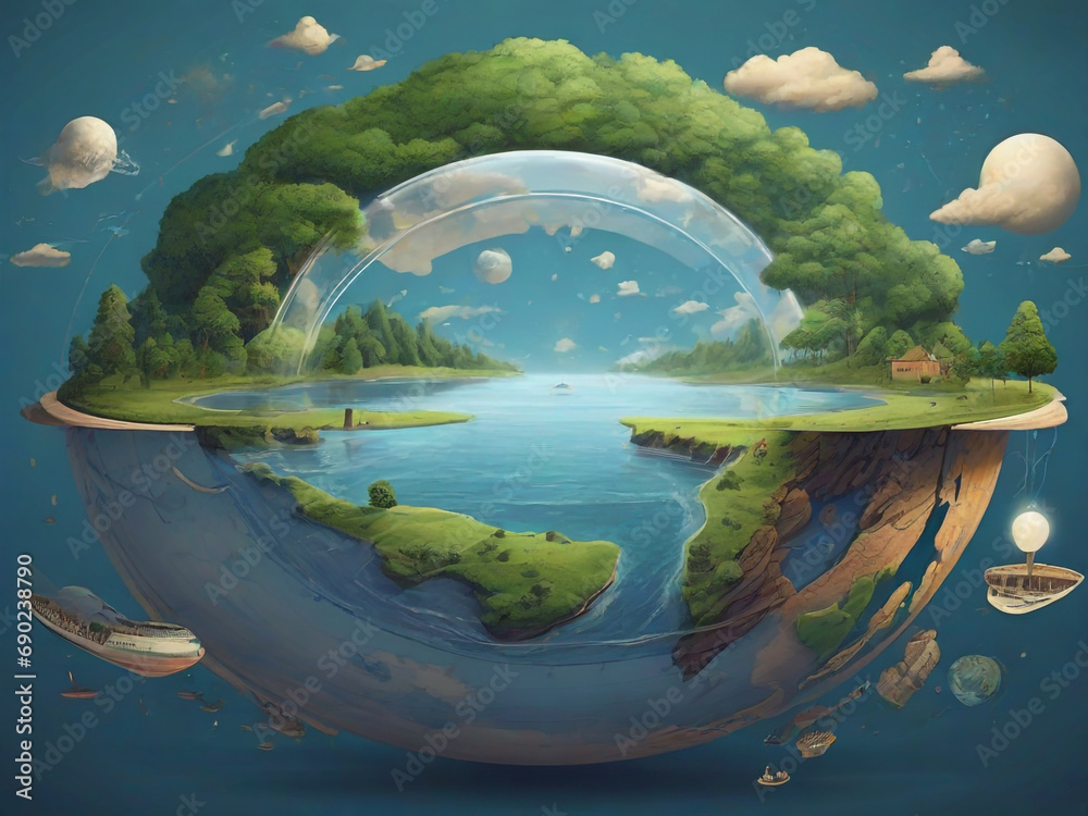 Flat earth and the globe earth connected together, theory concept illustration