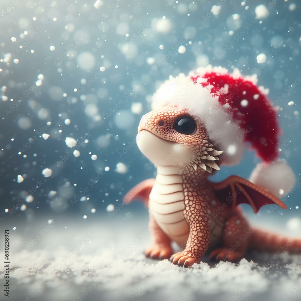 Obraz premium A cute little dragon in a Santa Claus hat looks up at the falling snow