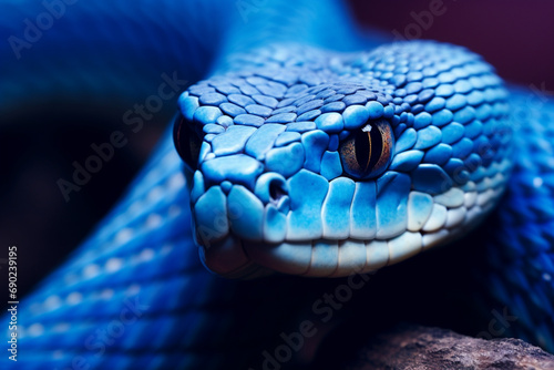 Blue viper snake closeup face, head of viper snake, Blue insularis, Trimeresurus Insularis, animal closeup