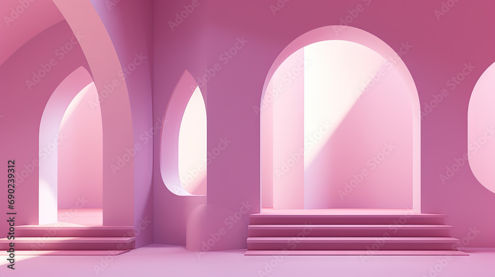Abstract pink room with arch. Surreal architectural abstraction in pastel colors