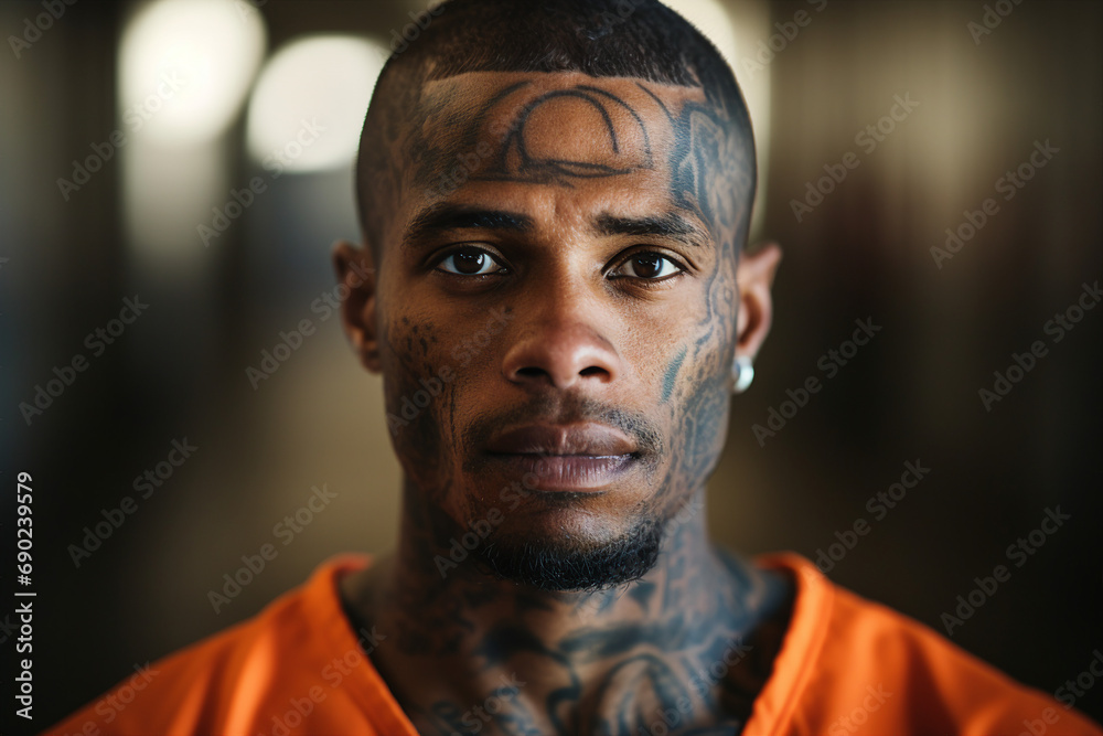 Generative AI portrait of criminal person trapped jailed wearing orange prison uniform Generative AI portrait of criminal person trapped jailed wearing orange prison uniform