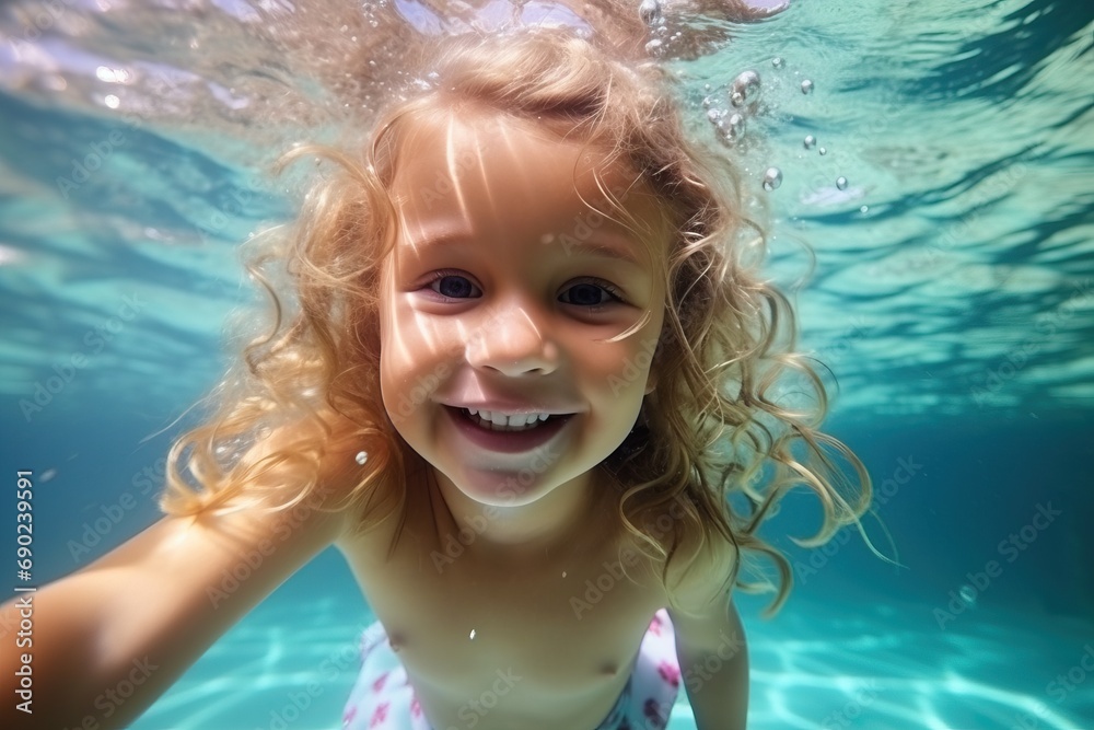 Adorable baby swimming underwater