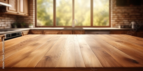 Empty wooden countertop offers a pristine stage for culinary creation, bathed in natural light.