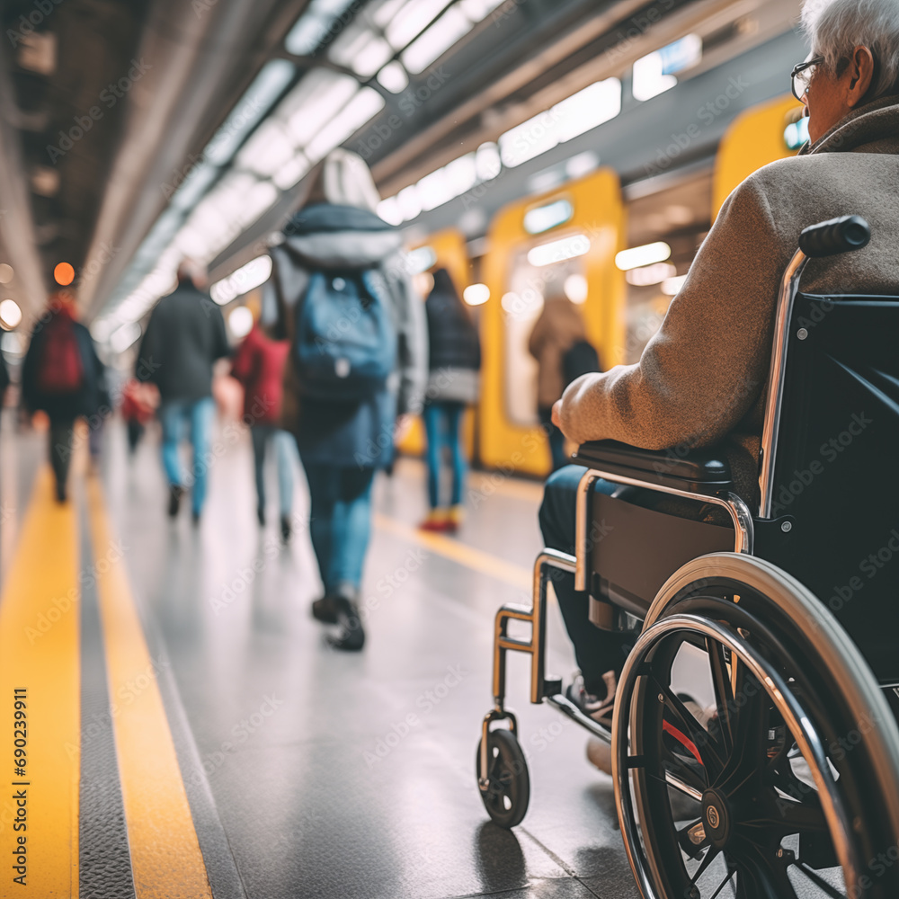 Low angle and selective focus view of disabilities people wheelchair wait for train on platform train station. Low angle and selective focus view of disabilities people wheelchair wait for train on platform train station.