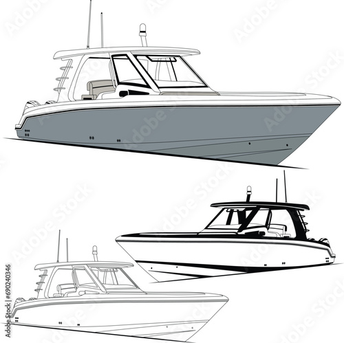 Side view fishing boat line drawing vector and illustration for one color