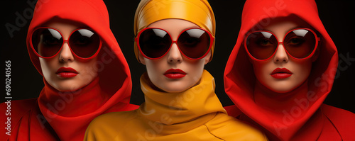 Vibrant Woman in Red and Yellow Sunglasses and Outfits. Fashion Style Cover Magazine and Wallpaper