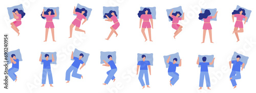 Poses for sleeping and relaxation set. Men and women on pillow relax comfortably by changing their body position in process of falling asleep and vector rest