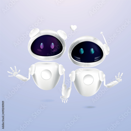 Two robot chat bots in 3D style.Girl and boy chat bots hold hands. Artificial intelligence and Modern technology concept.Tender feelings between robots.Technology and engineering.Vector