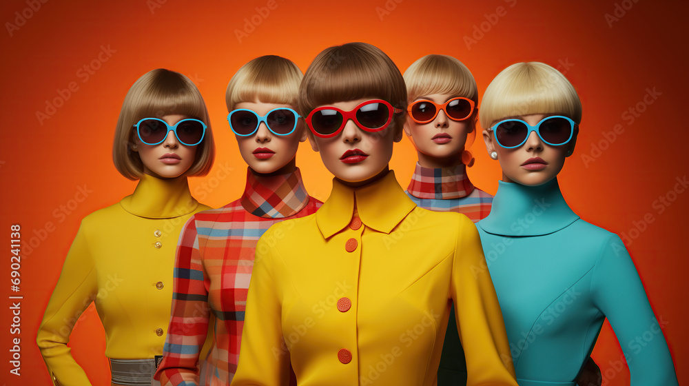 Group of Mannequins with Colorful Sunglasses and Vibrant Color Clothes. Fashion Style Cover Magazine and Wallpaper Group of Mannequins with Colorful Sunglasses and Vibrant Color Clothes. Fashion Style Cover Magazine and Wallpaper