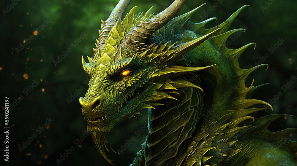 Green dragon on green background with copy space. New Year of the Dragon 2024
