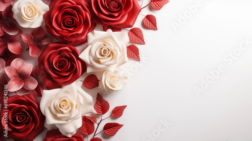 Background of red rose flowers on white background  texture. AI generative.