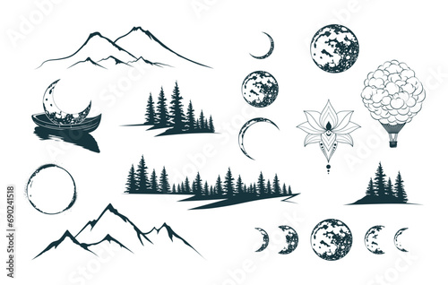 Мystical silhouettes of mountains, forests, moon and other design elements isolated on a white background. Vector illustration in boho style