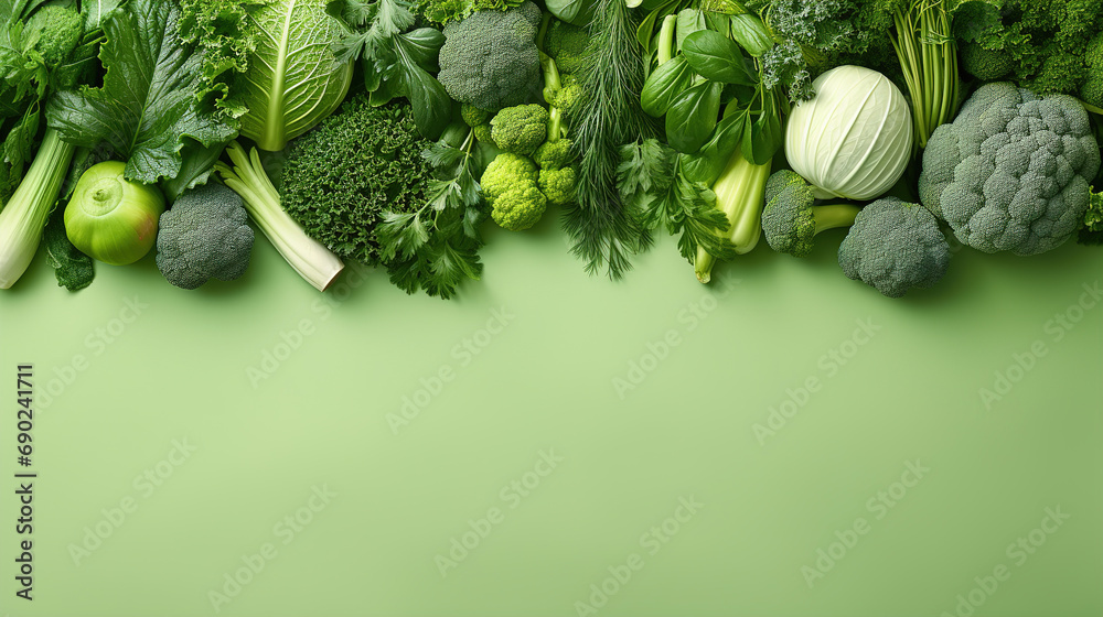 Flatlay of fresh vegetables on green background - obrazy, fototapety, plakaty 