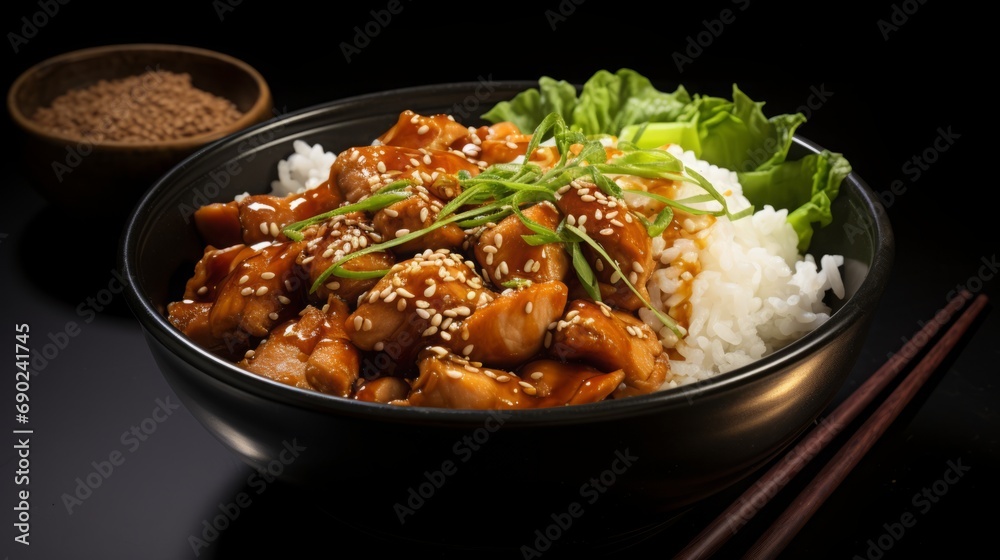 dish of teriyaki chicken bowls, food photography, 16:9 dish of teriyaki chicken bowls, food photography, 16:9