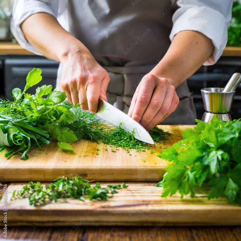 Kitchen Magic: Vibrant Green Herbs Under Chef's Knife Kitchen Magic: Vibrant Green Herbs Under Chef's Knife
