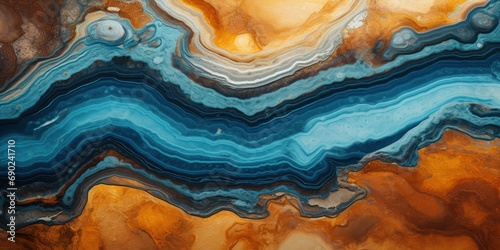 Concentric bands of azure and amber form an intricate mineral landscape. photo