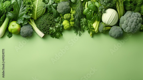 Flatlay of fresh vegetables on green background
