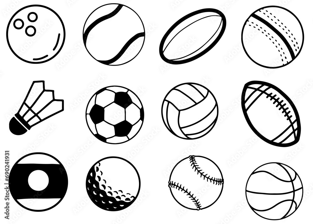 hand drawn Sports Balls Icons Set on White Background. hand drawn Sports Balls Icons Set on White Background.