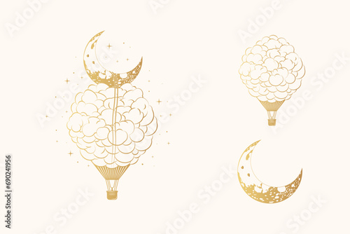 Golden celestial hot balloon and crescent moon in clouds. Hand drawn  design elements. Vector illustration for print, poster and greeting card