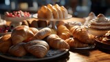 Freshly baked croissants on the table in the cafe, closeup