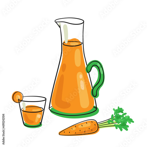 Carrot juice. Large glass decanter, glass, and fresh carrot. Picture in line style. Black outline with colored spots. Isolated on white background. Vector flat illustration.