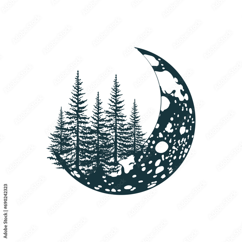 Obraz premium Celestial Mystical moon and trees. Hand drawn vector illustration in boho style for print, tattoo and greeting card