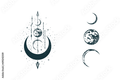 Mystical moon illustration isolated on white background. Vector bohemian prints. Spiritual lunar tattoo